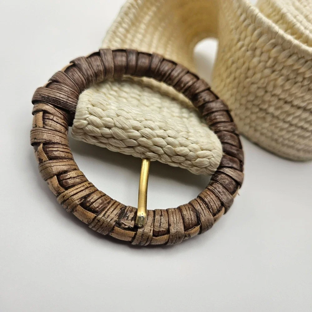 Wrap Belt Woven Raffia Vintage Ivory 55in Wrapped Round Buckle Boho Chic